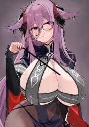 1girls azur_lane breasts female female_only friedrich_carl_(azur_lane) glasses horns huge_breasts iron_blood_(azur_lane) light-skinned_female light_skin milf misato_(10412459) purple_hair red_eyes red_nails solo