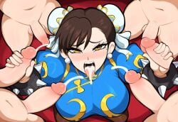 1girls after_fellatio after_oral ai_generated big_penis chinese_clothes chun-li cum cum_in_mouth female from_above group group_sex high-angle_view huge_cock mullon multiple_boys novelai penis street_fighter surrounded surrounded_by_penises tongue tongue_out