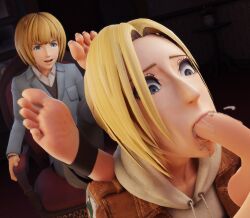 1girls 2boys 3d annie_leonhardt armin_arlert attack_on_titan deepthroat dominant_male foot_domination foot_fetish foot_focus male_foot_fetish maledom mrgtsfloop shingeki_no_kyojin stirrups submissive_female