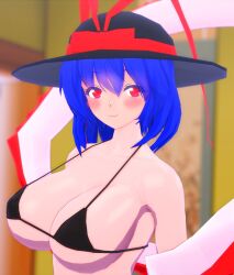 1girls 2024 3d_(artwork) armgvunasm big_breasts bikini bikini_top black_bikini_top blue_hair hat iku_nagae looking_at_viewer mmd oarfish red_bowtie red_eyes scarlet_weather_rhapsody shawl smiling_at_viewer solo_female solo_focus touhou