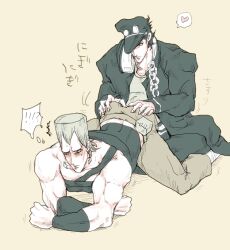 2boys ass ass_grab blush fully_clothed gay jean_pierre_polnareff jojo's_bizarre_adventure jotaro_kujo male male/male male_only stardust_crusaders yaoi