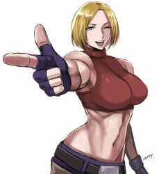 1girls 2d 2d_(artwork) blank_background blonde_female blonde_hair blonde_hair_female blue_eyes blue_mary digital_drawing_(artwork) digital_media_(artwork) fatal_fury fingerless_gloves king_of_fighters large_breasts midriff muscles muscular muscular_female open_mouth parted_hair pointing red_crop_top red_halterneck shibusun solo solo_female video_game_character video_game_franchise white_background wink winking winking_at_viewer