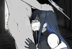 against_wall ai_generated alley artizenn back_against_wall blue_archive blue_hair bottomless clothed_female_nude_male cum cum_in_pussy cum_inside deepthroat defeated facefuck from_side greyscale halo head_grab irrumatio pubic_hair rape saori_(blue_archive) scared stray_pubic_hair text throat_fuck