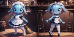ai_generated barstool before_and_after blush broom crossdressing embarrassed embarrassed_male fizz_(lol) garter green_eyes high_heels league_of_legends maid maid_headdress maid_outfit maid_uniform male midriff navel platform_heels skimpy slutty_clothes smiling stockings tavern yordle