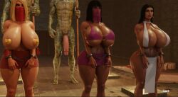3d 3girls big_ass big_breasts big_penis bikini black_hair blonde_hair bondage breasts breasts_bigger_than_head chained dark_hair egyptian farah harem illumi_(legend_of_queen_opala) legend_of_queen_opala lizardman long_hair massive_breasts miniskirt osira realistic sex_slave short_hair tan_body voluptuous wide_hips