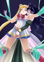 2girls bishoujo_senshi_sailor_moon black_hair blonde_hair blue_eyes bound breasts female female_only heroine_in_trouble light-skinned_female light_skin magical_girl mosaic_censoring nanami_mano nipples queen_nehellenia raped_by_enemy sailor_moon toei_animation usagi_tsukino yuri