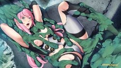 blue_eyes blush bodysuit breasts cameltoe closed_game erect_nipples helpless large_breasts long_hair lucy_mallet open_mouth pink_hair restrained sei_shoujo slime slime_monster thigh_boots torn_clothes