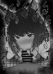 1boy 1girls :>= allied_hyakkiyako_academy_student animal_ears bar_censor bare_shoulders big_penis bikini_top black_and_white blue_archive blush breasts censored dark-skinned_male dark_skin detailed_background drooling erect_nipples eyelashes fellatio female heart humanoid hyakkaryouran_conflict_resolution_council_(blue_archive) indoor inside interspecie kikyou_(blue_archive) kurotama looking_at_viewer male male_pov nipple_bulge oral oral_sex penis room saliva shiny shiny_skin short_hair sketch small_breasts sound_effects squatting sweat text tongue_out vein veins veiny veiny_penis