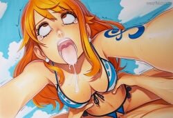1boy 2025 ai_generated artist_name bikini breasts crazyfishbones female long_hair nami_(one_piece) open_mouth orange_hair straight swimsuit