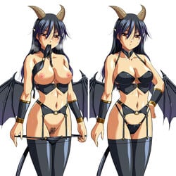 black_hair bra bra_removed breasts censored demon_girl female garter_belt horns jiyuuyuu long_hair nipples original panties panty_pull pointy_ears pubic_hair red_eyes solo succubus tail thighhighs underwear wings