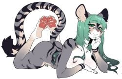 anthro ass biped breasts dw8_rinkae feet felid feline female female_only fur furry green_eyes green_hair grey_body grey_fur laying_down laying_on_stomach looking_at_viewer mammal pantherine pawpads paws smile smug solo striped_body tail tiger tiger_girl toe_beans