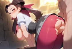 1girls ai_generated ass bent_over breasts brown_hair clothed collared_shirt dress female female_focus from_behind gamefreak indoors leggings light-skinned nintendo penetration penis periph pokemon pokemon_oras pussy red_legwear ripped_clothing roxanne_(pokemon) sex skirt tights torn_clothes vagina vaginal_penetration