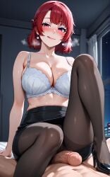 1boy 1girls ai_generated bedroom blue_lock blush earrings female male pantyhose pencil_skirt penis red_eyes red_hair rinkatori steam steaming_body sweat teieri_anri white_bra white_skin you
