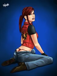 1girls ass blue_eyes brown_hair capcom claire_redfield female female_only fingerless_gloves gloves jeans kneeling ponytail radprofile resident_evil resident_evil_code_veronica solo thong tied_hair whale_tail