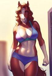 2d ai_generated anthro anthro_female athletic_build bedroom_theme blue_eyes blue_panties brown_fur casual_wear cel_shading clean_lineart cleavage confident_expression curvy_body digital_art doorway_setting draft_horse equine_humanoid equine_tail female frontal_view furry_female furry_focus hand_on_side horse_head humanoid_female large_breasts long_curly_hair majorfluffy mature_female minimal_clothing morning_light purple_sports_bra red_hair soft_shadows solo toned_body underwear upright_ears visible_navel walking_pose warm_lighting white_markings
