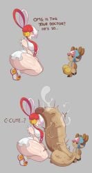 1girl1boy anthro ass blush breasts clothing comic_page english_text female hyper hyper_penis male one_piece penis penis_awe penis_bulge piratebay shiny_skin skirt small_but_hung steamy_penis thick_thighs tony_tony_chopper too_small_clothes two_tone_hair uta_(one_piece) veiny_penis