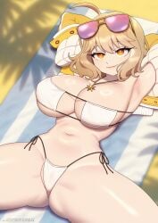 1girls absurd_res anis_(nikke) anis_(sparkling_summer)_(nikke) asian asian_female beach big_breasts bikini breasts eye_contact eyepatch_bikini female female_focus female_only goddess_of_victory:_nikke high_resolution light-skinned_female light_skin looking_at_viewer short_hair smile solo solo_female strongbana thick_thighs thighs