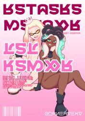 2girls bare_legs breasts censored cleavage completely_nude convenient_censoring crown dark-skinned_female dark_skin embarrassed embarrassed_nude_female enf female gloves looking_at_viewer magazine_cover marina_(splatoon) naked nude orangemint_4444 pearl_(splatoon) shoes shoes_only smile smiling smiling_at_viewer splatoon splatoon_2 thighs uc-four
