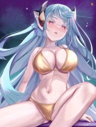 adamski_s-rank_space bikini duel_masters duel_masters_play's gijinka gold_bikini half-closed_eyes huge_breasts moist naughty_face nose_blush open_mouth personification round_breasts signature space space_background spherical_breasts sweat sweaty