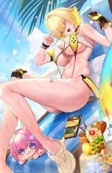 ahoge ass beach_chair blonde_hair blue_sky blush breasts clothing_cutout crocs day doro_(nikke) elegg_(boom_and_shock)_(nikke) elegg_(nikke) female food gloves goddess_of_victory:_nikke hair_intakes hair_over_eyes hanh_chu heart_cutout highres large_breasts leg_tattoo long_bangs looking_at_viewer multicolored_hair navel oerba_yun_fang open_mouth outdoors parfait purple_eyes rainbow see-through_slingshot_swimsuit short_hair sitting skindentation sky slingshot_swimsuit smile swimsuit tattoo thighs two-sided_gloves two-tone_hair underboob v wet yellow_gloves yellow_slingshot_swimsuit