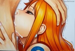 1boy 2025 ai_generated artist_name blush crazyfishbones female long_hair nami_(one_piece) open_mouth orange_hair saliva simple_background straight sweat