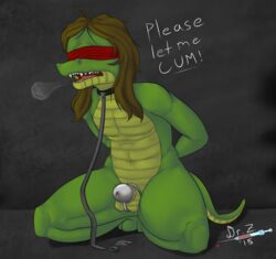 2015 alligator balls blindfold chastity chastity_cage chastity_device collar dr_zombie furry girly hair kneeling leash long_hair male_chastity nude orgasm_denial precum reptile russ scalie slave solo