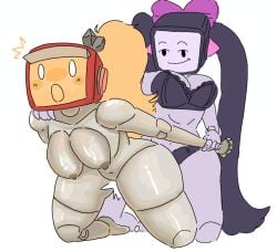 2girls ambiguous_penetration big_breasts female grabbing_wrist hand_on_shoulder lesbian_sex lingerie newtybot robot robot_girl rose_(newtybot) screen_face sex surprised_expression timolotl tulip_(newtybot)