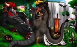 abs after_anal alligator alligatorid anthro anthro_on_anthro avian balls black_body black_hair blue_sky bodily_fluids cheek_frill crazydrak crocodilian cum cum_string day dragon duo_focus ear_piercing ear_ring erection feet foot_fetish foot_lick foot_play genital_fluids genitals grass green_body grey_balls grey_body grey_penis group hair halo horn humanoid_genitalia humanoid_penis jewelry kneeling licking lying male male/male melee_weapon muscular muscular_anthro muscular_male mythological_creature mythological_scalie mythology narrowed_eyes necklace nude on_back open_mouth outside pecs penis piercing plant purple_eyes red_eyes red_hair red_tongue reptile ring_piercing scalie short_hair sky sword tail tail_tuft tongue tongue_out tree tuft waterfall weapon yellow_balls yellow_body