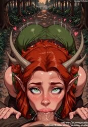 1boy ai_generated all_fours antlers ass bangs blush body_freckles breasts clothed_sex clothing colored_skin critical_role critical_role:_vox_machina detached_sleeves doggy_style dragon_girl dress elf english_language english_text erection fellatio female female fingernails forehead forest freckles grass green_dress green_eyes green_skin heart horns jousneystudio keyleth light-skinned_female lips long_hair looking_at_viewer male male_pov nature nose nude oral original outdoors penis pointy_ears red_hair saliva sex solo_focus straight text the_legend_of_vox_machina tree upturned_eyes veins veiny_penis