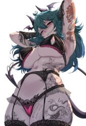 1girls arms_up artist_name aruna_reaver bat_wings big_breasts blue_eyes blue_hair demon_girl demon_horns female female_only frilled_bra frills garter_belt garter_belt_leggings garter_straps head_wings heterochromia horns light-skinned_female light_skin lingerie lingerie_only long_hair looking_down low-angle_view myth1c myth1carts panties pink_eyes solo spade_tail tail tattoo tattoo_on_arm tattoo_on_belly tattoo_on_legs tattooed_arm tattoos underboob virtual_youtuber vtuber white_background wings_on_head