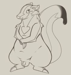 2025 anthro badger balls belly black_line_art casual_nudity claws deep_navel digital_media_(artwork) eyebrows eyelashes featureless_chest feet finger_claws fingers flaccid foreskin front_view full-length_portrait genitals grey_background greyscale hybrid line_art looking_at_viewer male male_only mammal mephitid monochrome mustelid musteline navel nude overweight overweight_anthro overweight_male pear-shaped_figure penis pinnip_(pinnipip) pinnipip portrait raised_tail semi-anthro simple_background skunk small_penis snout solo solo_male standing tail thick_thighs three-quarter_view toe_claws toes wide_hips