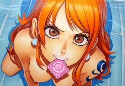 2025 ai_generated artist_name breasts brown_eyes condom_in_mouth crazyfishbones female looking_at_viewer mouth_hold nami_(one_piece) nipples orange_hair solo