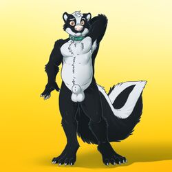 1boy aggrobadger anthro armpit_hair armpits collar fur hairy male male_only mammal nude sheath skunk solo