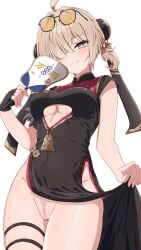 ahoge black_gloves blonde_hair breasts censored closed_mouth clothing_aside clothing_cutout commentary cowboy_shot cutout_above_navel eyewear_on_head female fingerless_gloves flashing gloves groin hair_over_one_eye hand_fan highres holding holding_fan large_breasts linea_alba looking_at_viewer mosaic_censoring no_panties pelvic_curtain pelvic_curtain_aside purple_eyes pussy short_hair side_slit simple_background single_fingerless_glove smile solo sunglasses sweetie_(zenless_zone_zero) sweety_(zenless_zone_zero) synn032 tinted_eyewear tuanshan underboob_cutout white_background yellow-tinted_eyewear zenless_zone_zero