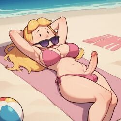 aged_up ai_generated beach big_breasts bikini blonde_hair clifford_the_big_red_dog emily_elizabeth erection futanari long_hair older pbskids penis solo solo_futa sunglasses