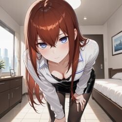 1girls ai_generated bed bedroom cleavage makise_kurisu shirt skirt smile standing stockings