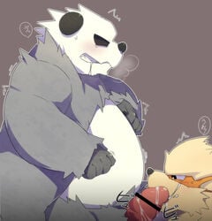 ambiguous_gender arcanine bear blush canine chubby cum drooling duo japanese_text male male_only mammal nintendo oral panda pangoro penis pokemon pokemon_(species) saliva shaking shivering steam text video_games white_monkey