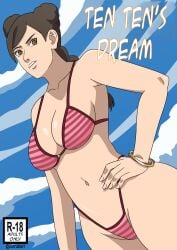 1girls bikini bracelet braid braided_ponytail breasts brown_hair cleavage comic comic_cover curvaceous english_text female female_only highleg highleg_bikini large_hips midriff naruto naruto:_the_last naruto_(series) ninrubio pinup ponytail revealing_swimsuit solo solo_focus striped_bikini stripes swimsuit tenten text thick_thighs translated wide_hips