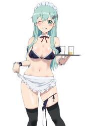 ;) apron apron_lift bikini bikini_pull bikini_top_only black_bikini black_thighhighs blush bow bowtie breasts cleavage clothes_lift clothes_pull commentary_request cup detached_collar female green_eyes green_hair grin hair_ornament hairclip highres kantai_collection lactation lactation_through_clothes large_breasts long_hair looking_at_viewer maid maid_bikini maid_headdress mikan_29344886 neck_ribbon one_eye_closed panties panties_around_one_leg pee_in_container pee_stain peeing peeing_in_cup plate red_bow red_bowtie red_ribbon ribbon simple_background smile solo standing suzuya_(kancolle) swimsuit thighhighs thong unconventional_maid urine waist_apron white_apron white_background wink winking_at_viewer