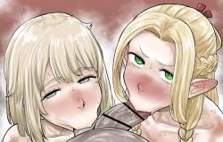 1boy 2girls absurdres bar_censor blonde_hair blush braid censored cooperative_fellatio cum dungeon_meshi elf erection falin_touden falin_touden_(tallman) fellatio female ffm_threesome group_sex hair_around_ear highres kaiman_garupan large_penis licking licking_penis long_hair looking_at_viewer male marcille_donato multiple_braids multiple_girls nude open_mouth oral penis pointy_ears pov senshi_(dungeon_meshi) short_hair simple_background straight teamwork_(sexual) threesome tongue tongue_out veins veiny_penis