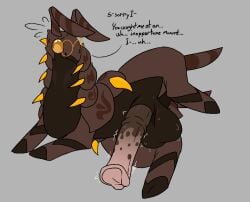 animal_genitalia animal_penis arthropod big_penis bodily_fluids brown_body casualredjerk dialogue english_text equine_genitalia equine_penis eyewear feral generation_5_pokemon genitals glasses hi_res male male_only markings nervous nervous_sweat nintendo penis pokemon pokemon_(species) scolipede simple_background solo spread_legs spreading sweat sweaty_genitalia text tzushima_(casualredjerk) wearing_glasses yellow_eyes