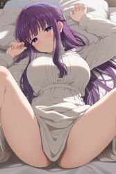 1female 1girl 1girls ai_generated bed_sheet blunt_bangs blush breasts commentary_request dress female female_focus female_solo fern_(sousou_no_frieren) frilled_collar head_on_pillow large_breasts long_hair long_sleeves looking_at_viewer lying on_back on_bed parted_lips pillow purple_eyes purple_hair purple_pupils sidelocks solo sousou_no_frieren spread_legs stable_diffusion sweat thighs white_dress zelanell