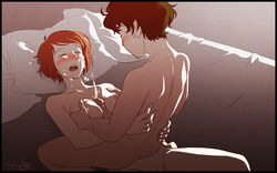 1boy bed blush breasts brown_hair closed_eyes collarbone couple cum ejaculation faceless_male female male messy_hair nipples orange_hair orgasm original paizuri penis pillow pussy short_hair straight tagme ukimen