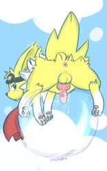 2013 3_toes animal_genitalia anthro anus ass back balls barefoot black_nose blue_eyes blush bubble canine claws cloud cum cum_in_bubble eeveelution erection fur half-closed_eyes jolteon knot looking_at_viewer looking_back male male_only mammal nintendo nude open_mouth outside penis pokemon protective_eyewear scarf shugowah sky solo toe_claws toes video_games yellow_fur