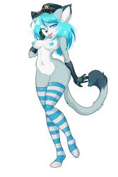 2015 anthro blue_eyes blue_hair breasts clothing feline feline female gloves hair hat legwear looking_at_viewer mammal navel one_eye_closed plain_background pussy stockings thuric tongue tongue_out tweedabop