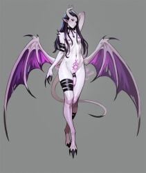armwear black_hair claws cock_ring demon demon_futa demon_horns demon_tail demon_wings flaccid flaccid_penis futa_only futanari legwear long_hair necklace neckwear nude nude_futanari petite petite_body petite_futa pointy_ears precum precum_drip precum_string purple_eyes purple_glans purple_nipples purple_skin semi-erect slaanesh small_beasts tarakanovich tattoo_on_belly warhammer_40k wrapped_penis