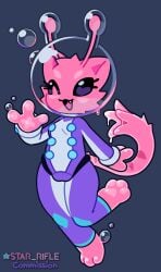 1girls alien alien_cat alien_girl antennae antennae_(anatomy) anthro barefoot bubble bubble_helmet cat_ears clothed commission commission_art eyes feline female full_body fur furry glossy latex original original_character pussy_bulge silhouette slime spacesuit squish star_rifle through_clothes