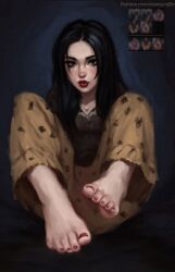 black_hair blue_eyes brown_topwear digital_drawing_(artwork) digital_media_(artwork) eyeshadow feet_focus foot_fetish goth_girl lipstick long_hair necklace painted_toenails pale_skin pijama red_lipstick red_toenails sitting steamycoffee tanktop yellow_pants