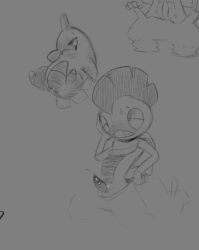 anthro bashful blush bodily_fluids bottomwear clothed clothing digital_media_(artwork) erection female fingers generation_2_pokemon generation_5_pokemon genitals hand_on_head head_spike hi_res larvitar male mohawk monochrome nintendo nude open_bottomwear open_clothing open_mouth open_pants pants penis pokemon pokemon_(species) pussy scrafty sitting sketch solo sweat sweatdrop tail teeth zyrusfluf
