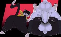absurd_res anal anal_sex anthro anthro_on_anthro anthro_penetrated anthro_penetrating anthro_penetrating_anthro ass atlus backsack balls big_balls big_butt big_penis black_body black_fur blue_eyes bodily_fluids clothing digital_media_(artwork) domestic_cat duo felid feline felis from_front_position fur genital_fluids genitals hi_res huge_balls huge_butt huge_cock humanoid_genitalia jack_frost_(megami_tensei) kerchief looking_at_viewer looking_back male male/male male_penetrated male_penetrating male_penetrating_male mammal markings mask mating_press megami_tensei megami_tensei_persona morgana_(persona) penetration penile penile_penetration penis persona_(series) persona_5 sega sex simple_background smile solo tail tail_markings thick_thighs tuxedo_cat white_body white_fur wide_hips woopyy